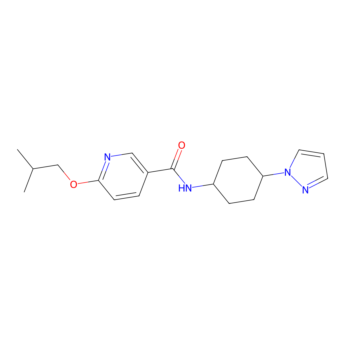 6-(2-methylpropoxy)-N-[4-(1H-pyrazol-1-yl)cyclohexyl]pyridine-3-carboxamide molecular structure, CAS 2097863-91-5