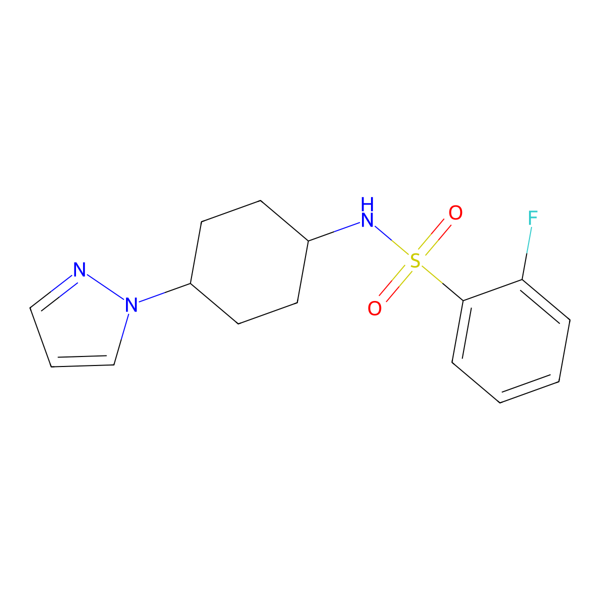 2-fluoro-N-[4-(1H-pyrazol-1-yl)cyclohexyl]benzene-1-sulfonamide molecular structure, CAS 2097863-97-1