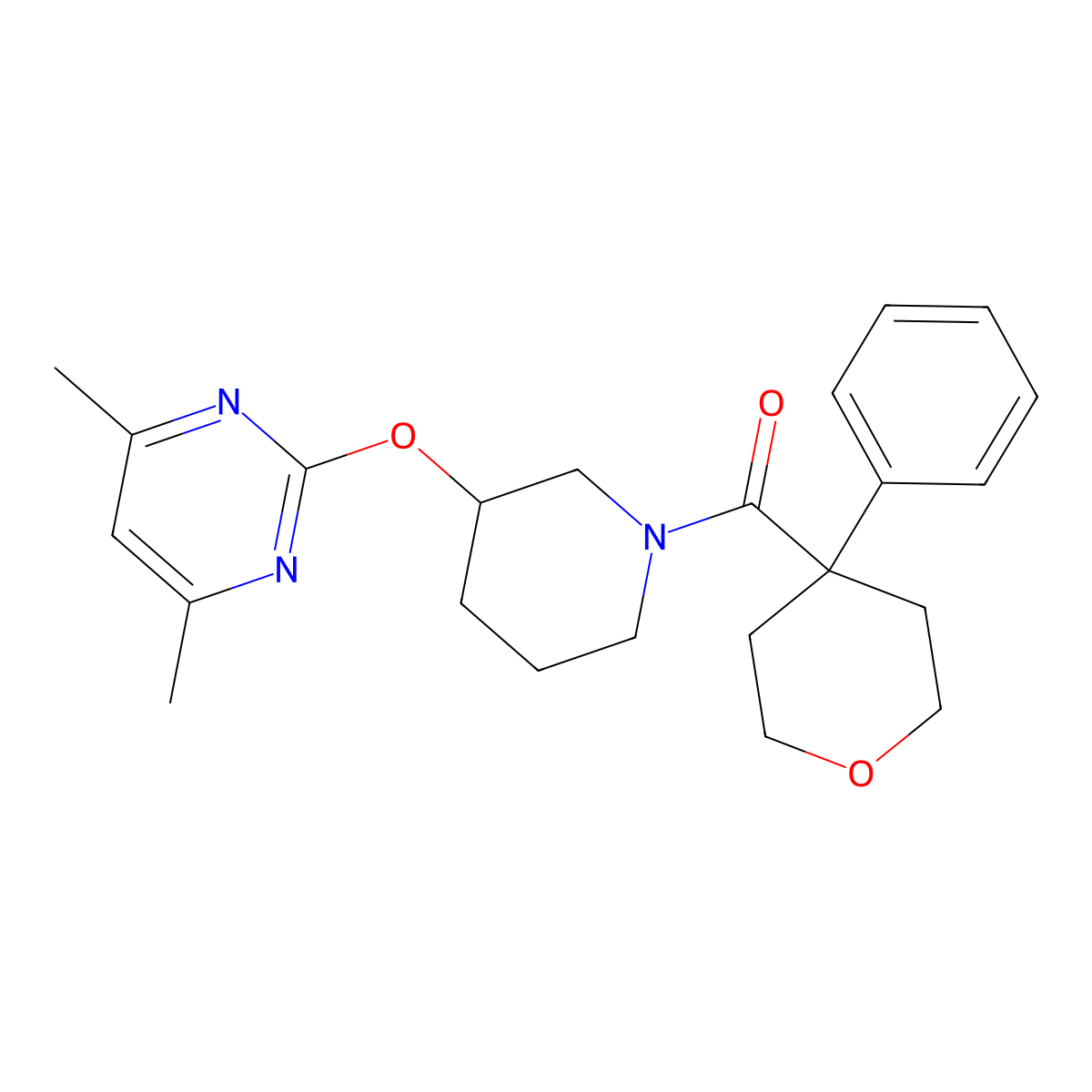 (3-((4,6-dimethylpyrimidin-2-yl)oxy)piperidin-1-yl)(4-phenyltetrahydro-2H-pyran-4-yl)methanone molecular structure, CAS 2097864-00-9