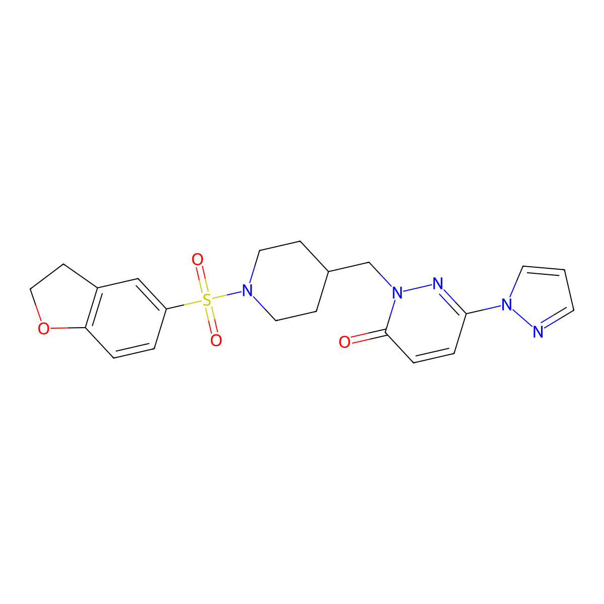 2-{[1-(2,3-dihydro-1-benzofuran-5-sulfonyl)piperidin-4-yl]methyl}-6-(1H-pyrazol-1-yl)-2,3-dihydropyridazin-3-one molecular structure, CAS 2097864-17-8