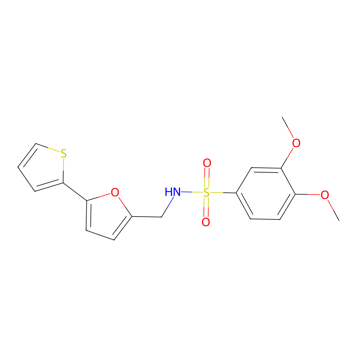 3,4-dimethoxy-N-((5-(thiophen-2-yl)furan-2-yl)methyl)benzenesulfonamide molecular structure, CAS 2097864-34-9