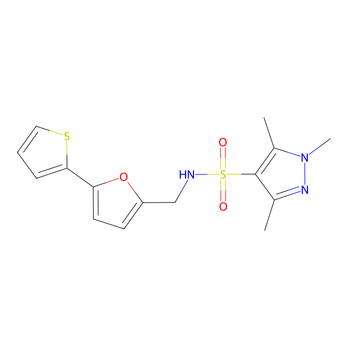 1,3,5-trimethyl-N-{[5-(thiophen-2-yl)furan-2-yl]methyl}-1H-pyrazole-4-sulfonamide molecular structure, CAS 2097864-35-0