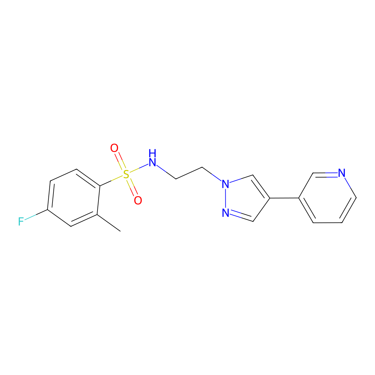 4-fluoro-2-methyl-N-{2-[4-(pyridin-3-yl)-1H-pyrazol-1-yl]ethyl}benzene-1-sulfonamide molecular structure, CAS 2097864-36-1