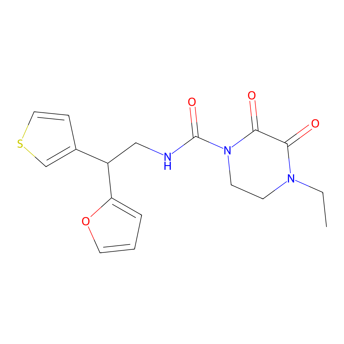 4-ethyl-N-[2-(furan-2-yl)-2-(thiophen-3-yl)ethyl]-2,3-dioxopiperazine-1-carboxamide molecular structure, CAS 2097864-50-9