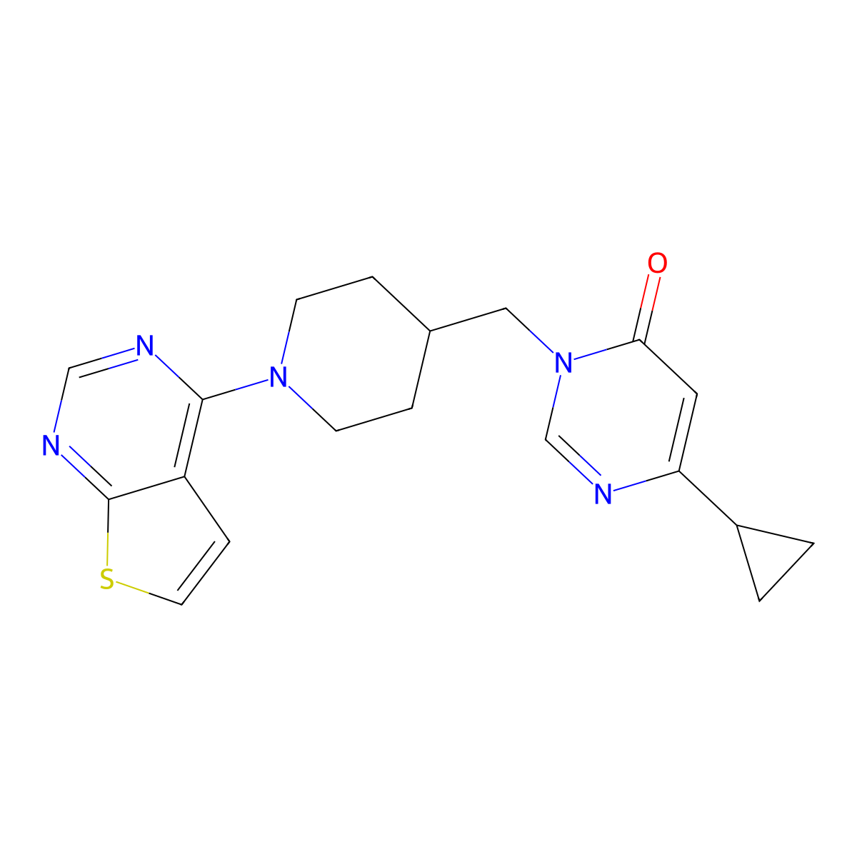 6-Cyclopropyl-3-[(1-{thieno[2,3-d]pyrimidin-4-yl}piperidin-4-yl)methyl]-3,4-dihydropyrimidin-4-one molecular structure, CAS 2097864-64-5