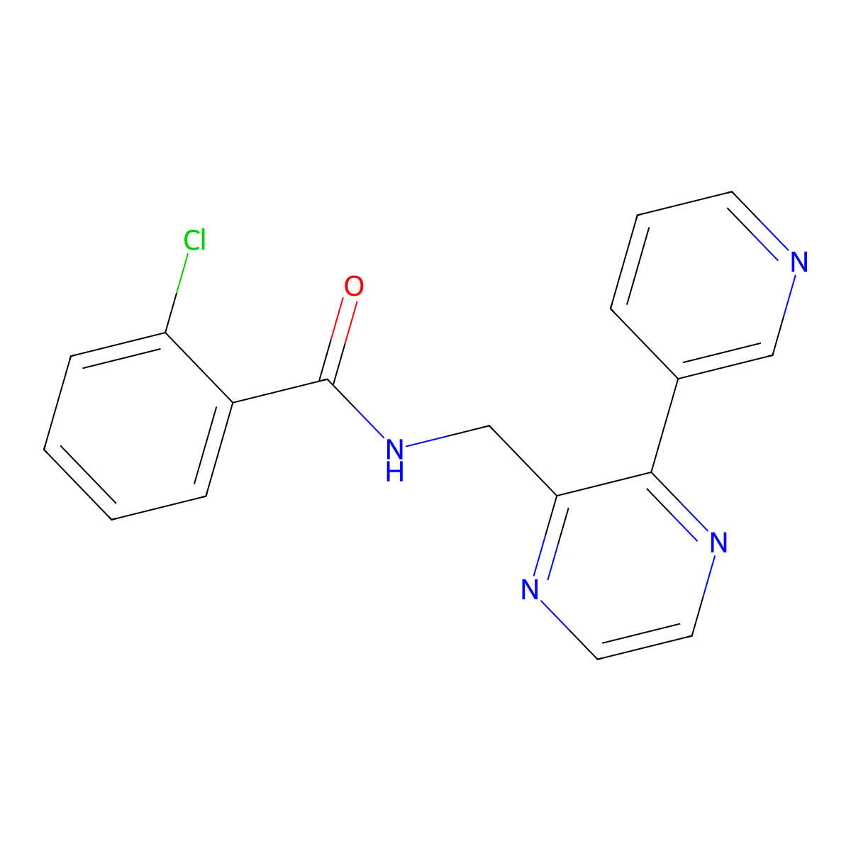 2-chloro-N-{[3-(pyridin-3-yl)pyrazin-2-yl]methyl}benzamide molecular structure, CAS 2097864-72-5