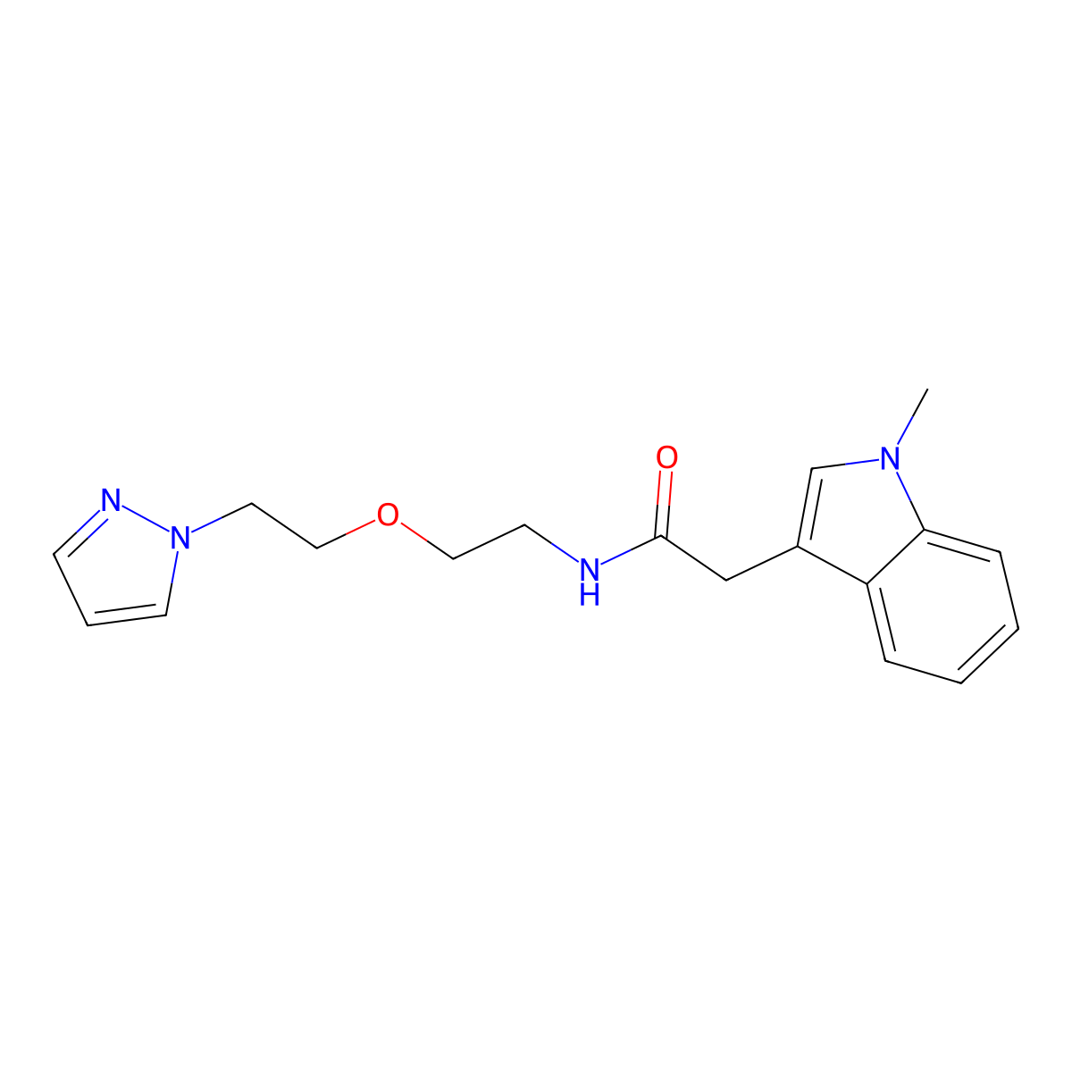 2-(1-methyl-1H-indol-3-yl)-N-{2-[2-(1H-pyrazol-1-yl)ethoxy]ethyl}acetamide molecular structure, CAS 2097864-81-6