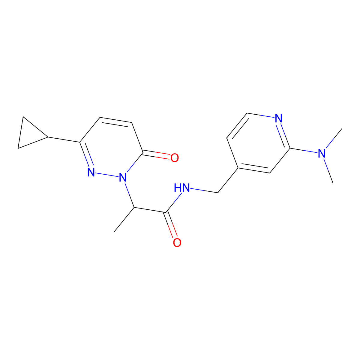 2-(3-cyclopropyl-6-oxopyridazin-1(6H)-yl)-N-((2-(dimethylamino)pyridin-4-yl)methyl)propanamide molecular structure, CAS 2097864-83-8