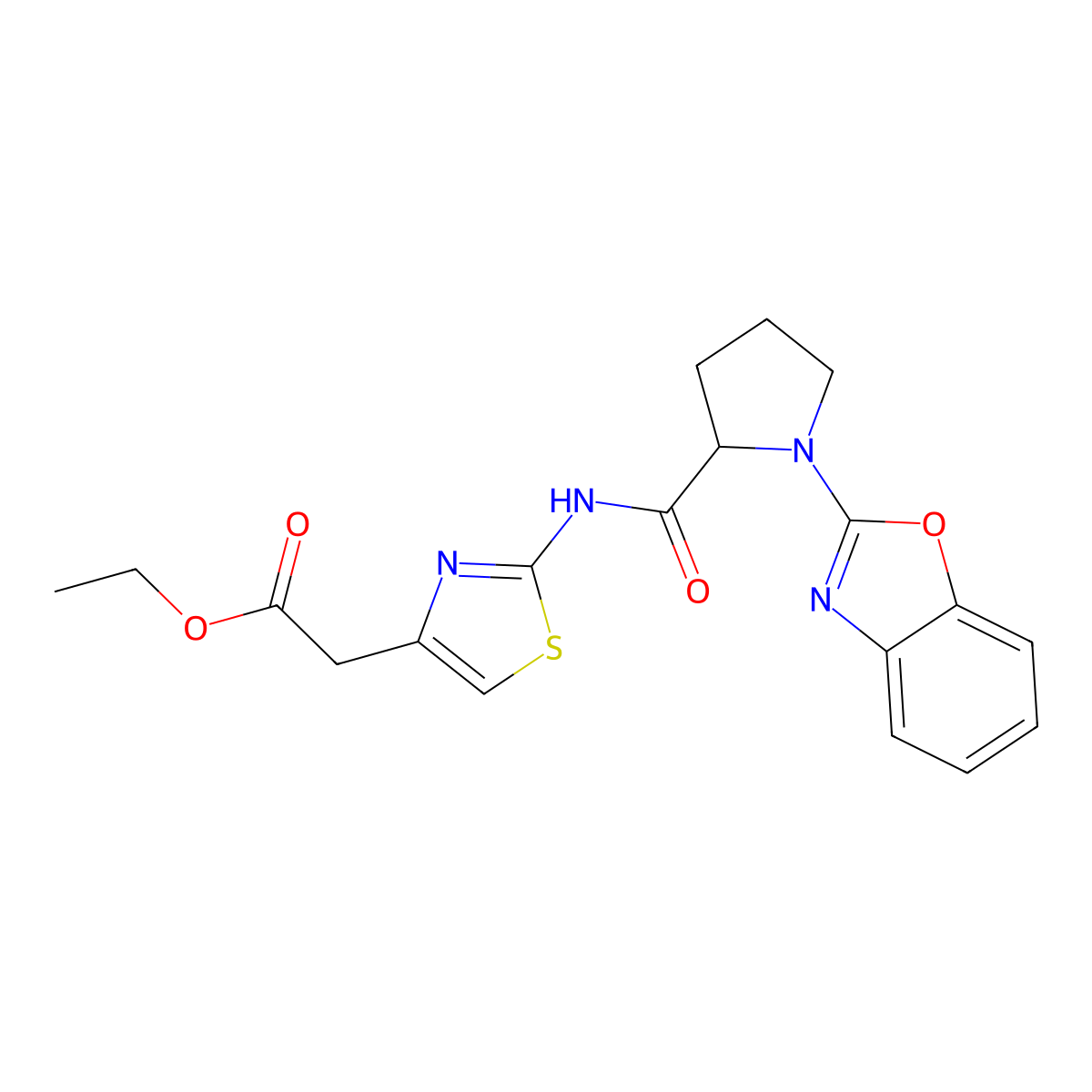 Ethyl 2-{2-[1-(1,3-benzoxazol-2-yl)pyrrolidine-2-amido]-1,3-thiazol-4-yl}acetate molecular structure, CAS 2097865-02-4