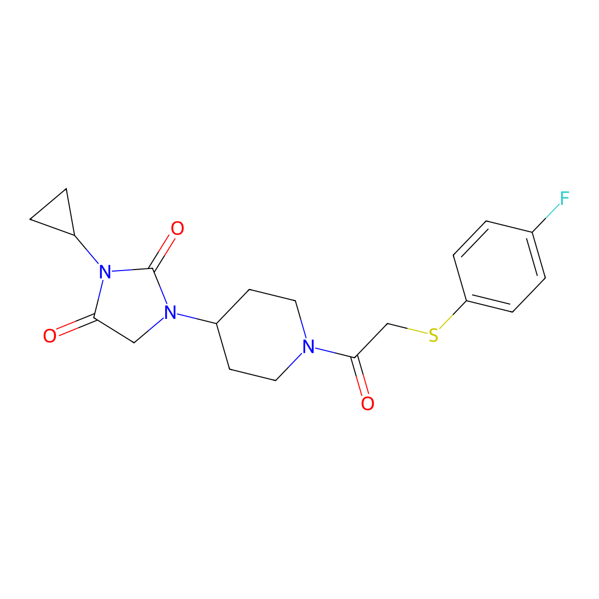 3-Cyclopropyl-1-(1-{2-[(4-fluorophenyl)sulfanyl]acetyl}piperidin-4-yl)imidazolidine-2,4-dione molecular structure, CAS 2097865-11-5