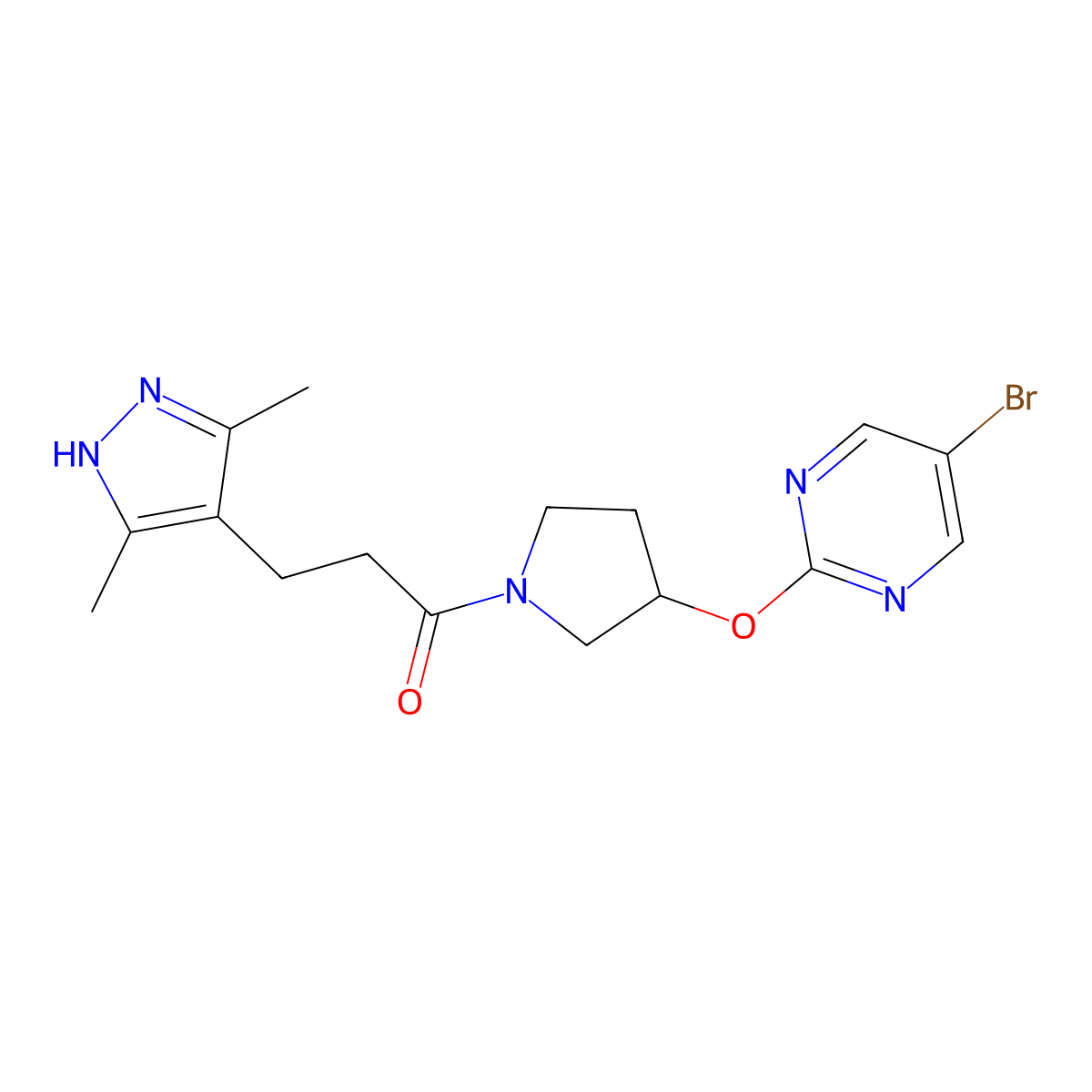 1-{3-[(5-bromopyrimidin-2-yl)oxy]pyrrolidin-1-yl}-3-(3,5-dimethyl-1H-pyrazol-4-yl)propan-1-one molecular structure, CAS 2097865-13-7