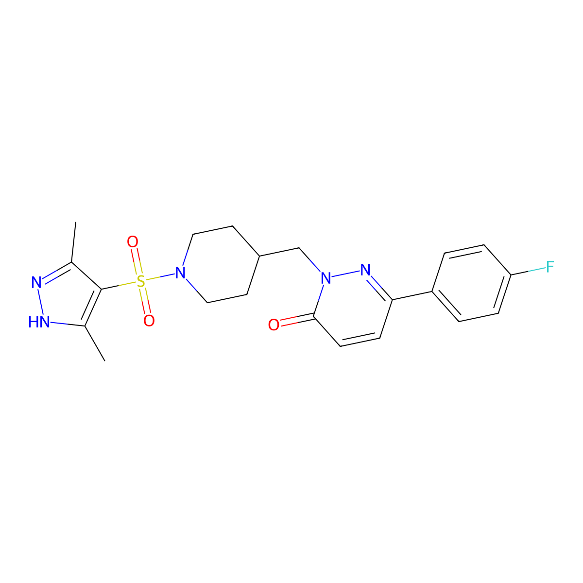 2-({1-[(3,5-dimethyl-1H-pyrazol-4-yl)sulfonyl]piperidin-4-yl}methyl)-6-(4-fluorophenyl)-2,3-dihydropyridazin-3-one molecular structure, CAS 2097865-55-7
