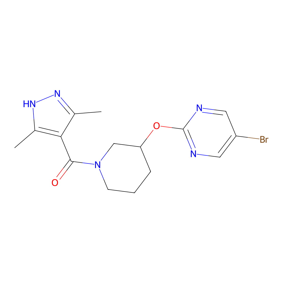 (3-((5-bromopyrimidin-2-yl)oxy)piperidin-1-yl)(3,5-dimethyl-1H-pyrazol-4-yl)methanone molecular structure, CAS 2097865-80-8