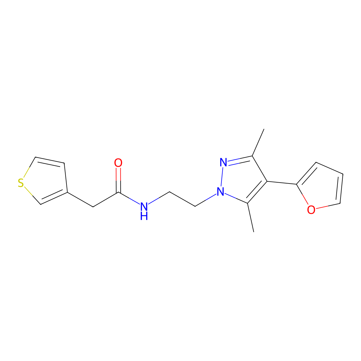 N-{2-[4-(furan-2-yl)-3,5-dimethyl-1H-pyrazol-1-yl]ethyl}-2-(thiophen-3-yl)acetamide molecular structure, CAS 2097865-93-3