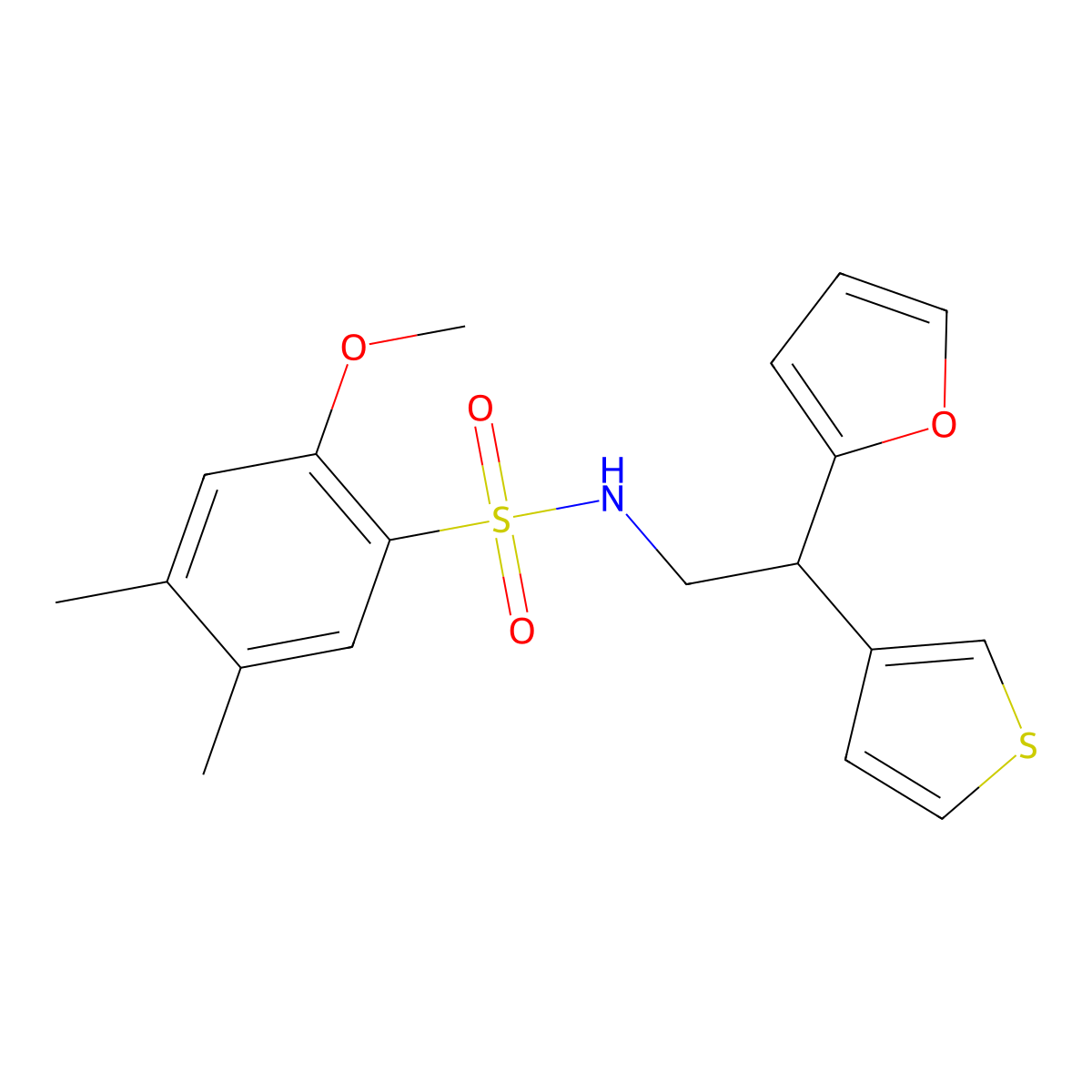 N-(2-(furan-2-yl)-2-(thiophen-3-yl)ethyl)-2-methoxy-4,5-dimethylbenzenesulfonamide molecular structure, CAS 2097865-95-5