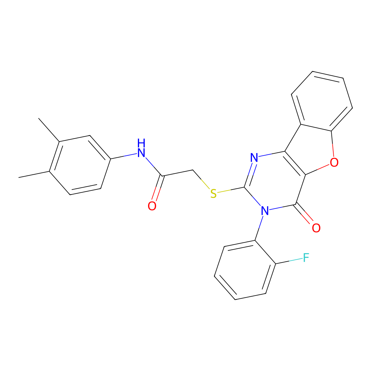 N-(3,4-dimethylphenyl)-2-{[5-(2-fluorophenyl)-6-oxo-8-oxa-3,5-diazatricyclo[7.4.0.0^{2,7}]trideca-1(9),2(7),3,10,12-pentaen-4-yl]sulfanyl}acetamide molecular structure, CAS 2097865-96-6