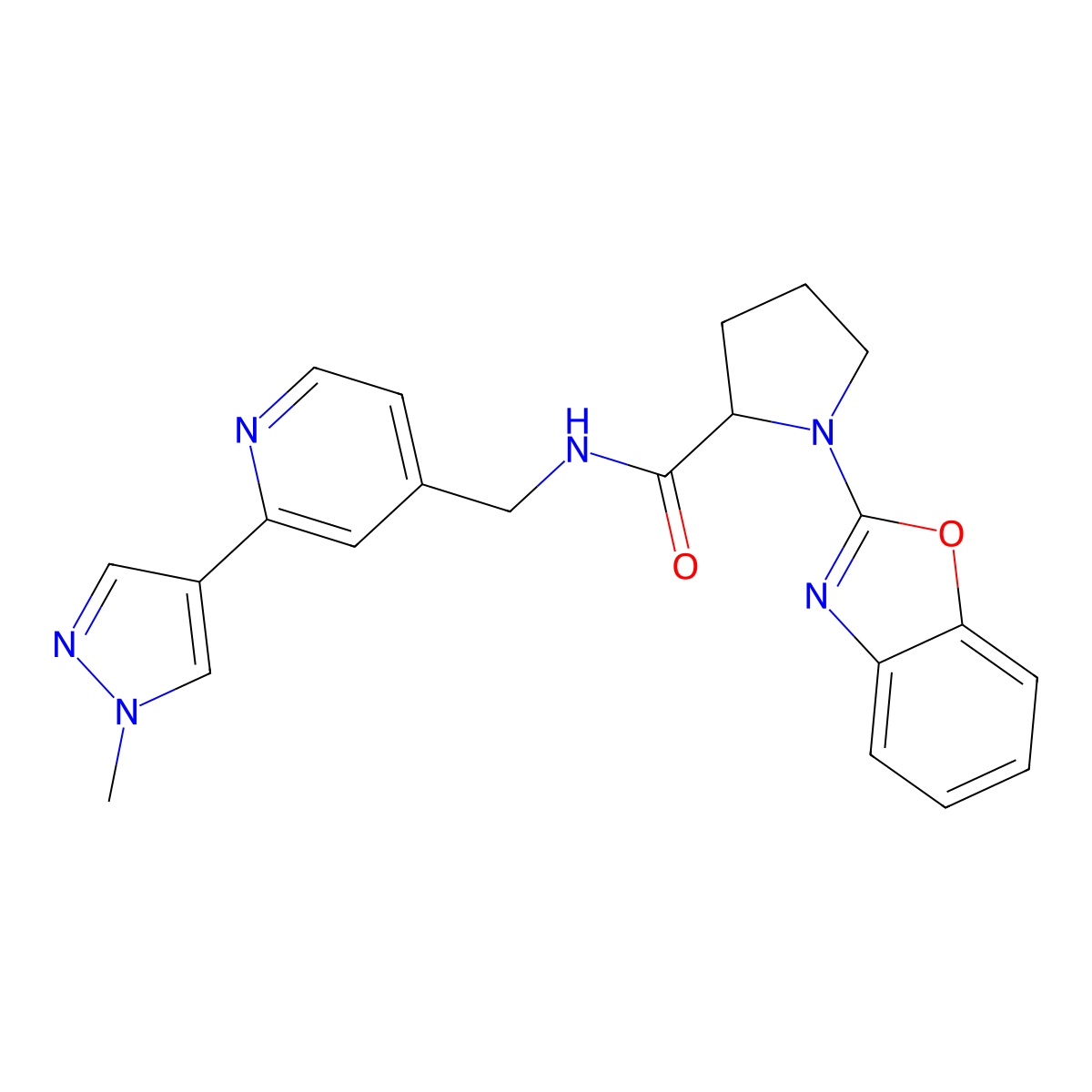 1-(1,3-benzoxazol-2-yl)-N-{[2-(1-methyl-1H-pyrazol-4-yl)pyridin-4-yl]methyl}pyrrolidine-2-carboxamide molecular structure, CAS 2097866-01-6