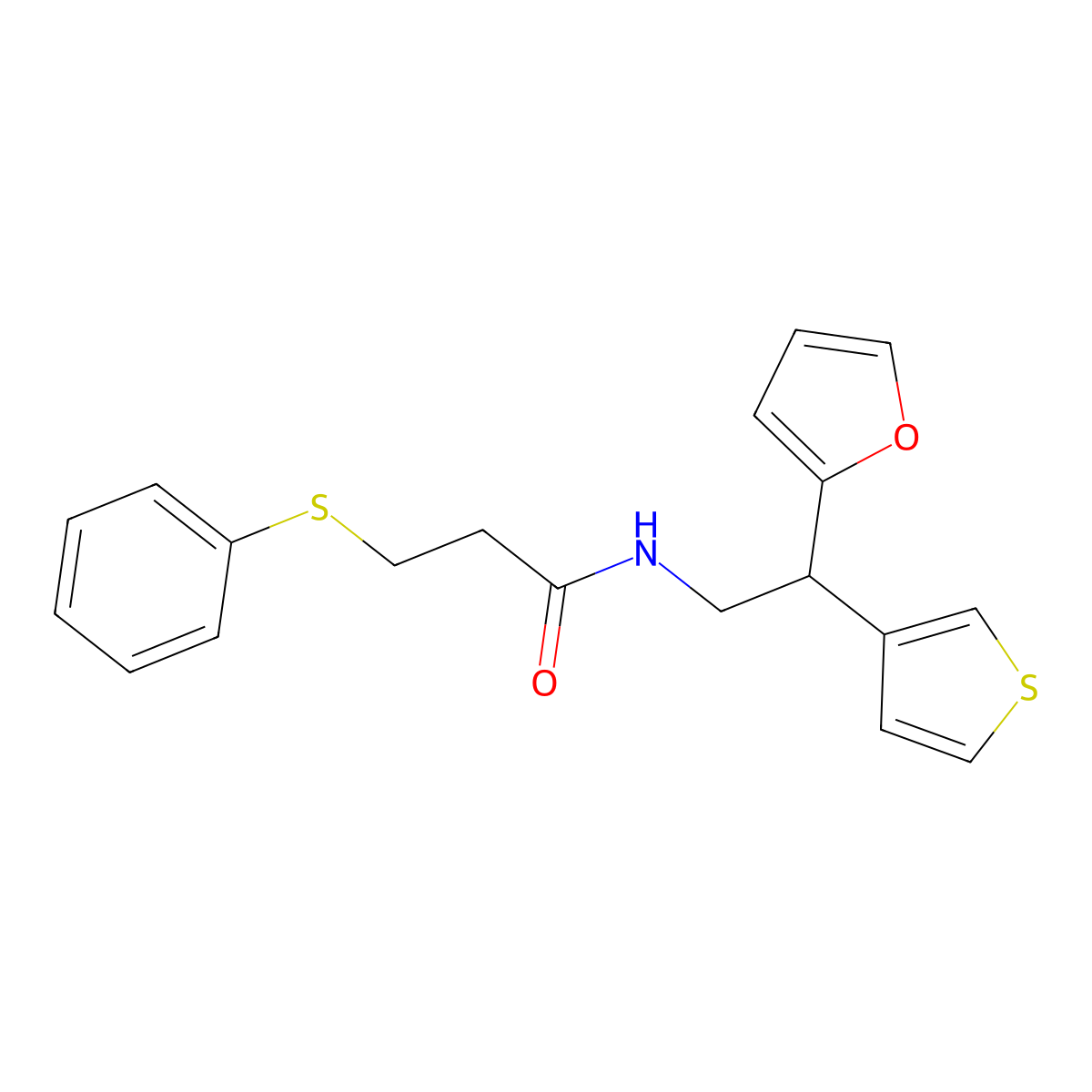 N-(2-(furan-2-yl)-2-(thiophen-3-yl)ethyl)-3-(phenylthio)propanamide molecular structure, CAS 2097866-28-7