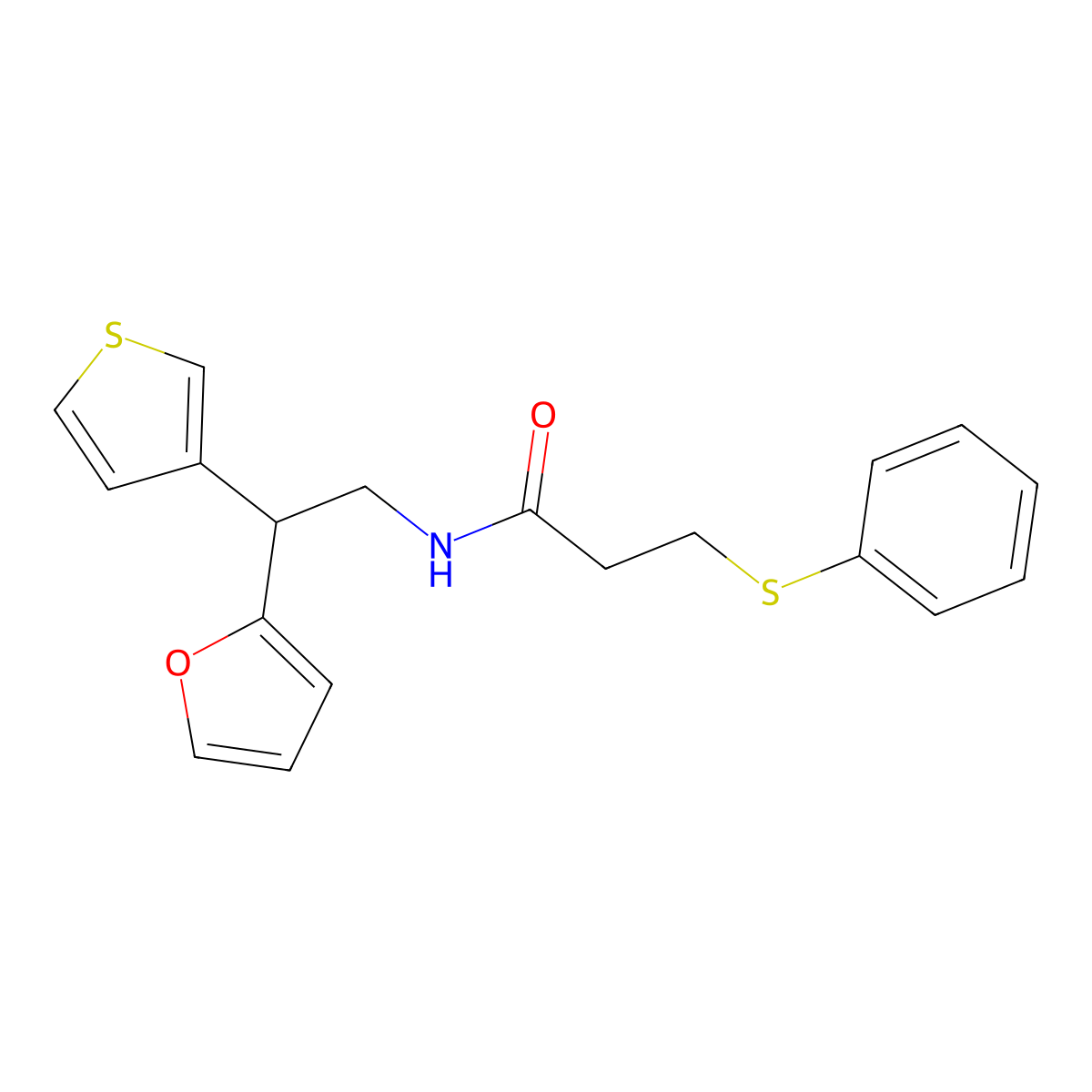 N-(2-(furan-2-yl)-2-(thiophen-3-yl)ethyl)-3-(phenylthio)propanamide molecular structure, CAS 2097866-28-7