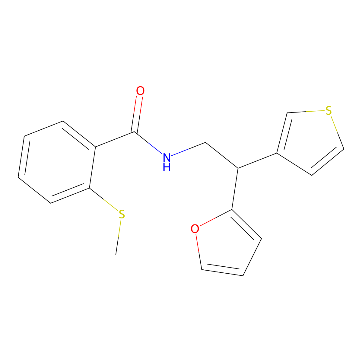 N-[2-(furan-2-yl)-2-(thiophen-3-yl)ethyl]-2-(methylsulfanyl)benzamide molecular structure, CAS 2097866-53-8