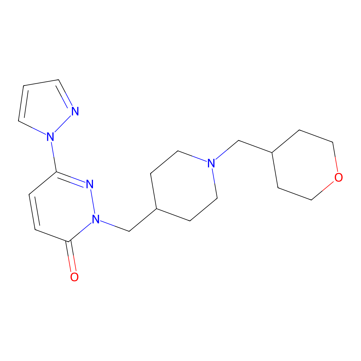 2-({1-[(oxan-4-yl)methyl]piperidin-4-yl}methyl)-6-(1H-pyrazol-1-yl)-2,3-dihydropyridazin-3-one molecular structure, CAS 2097866-55-0
