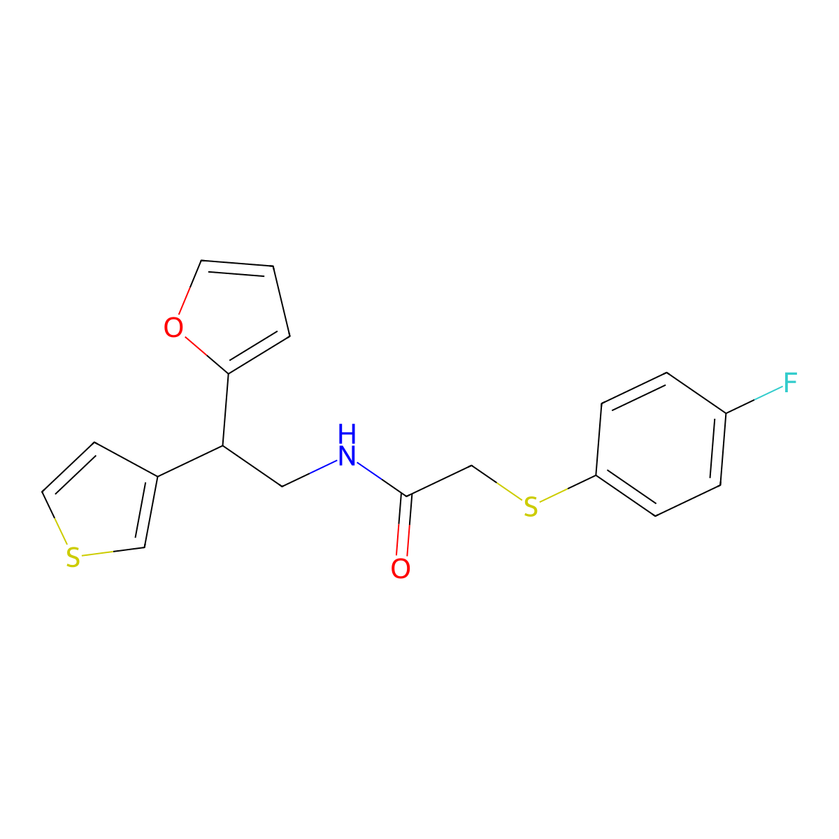 2-((4-fluorophenyl)thio)-N-(2-(furan-2-yl)-2-(thiophen-3-yl)ethyl)acetamide molecular structure, CAS 2097866-58-3