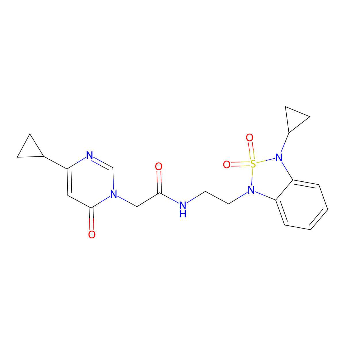 N-[2-(3-cyclopropyl-2,2-dioxo-1,3-dihydro-2lambda6,1,3-benzothiadiazol-1-yl)ethyl]-2-(4-cyclopropyl-6-oxo-1,6-dihydropyrimidin-1-yl)acetamide molecular structure, CAS 2097866-71-0