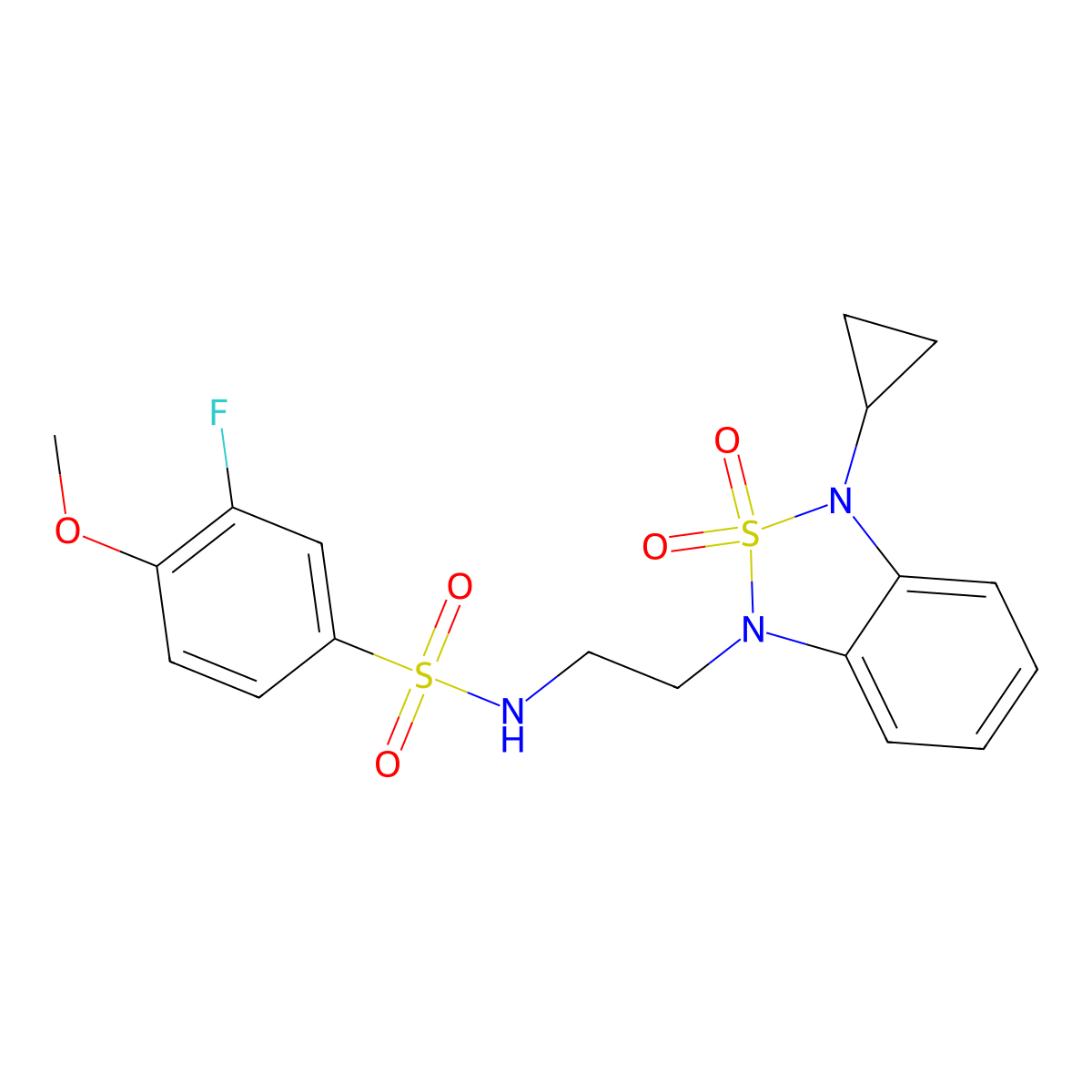 N-[2-(3-cyclopropyl-2,2-dioxo-1,3-dihydro-2lambda6,1,3-benzothiadiazol-1-yl)ethyl]-3-fluoro-4-methoxybenzene-1-sulfonamide molecular structure, CAS 2097866-83-4