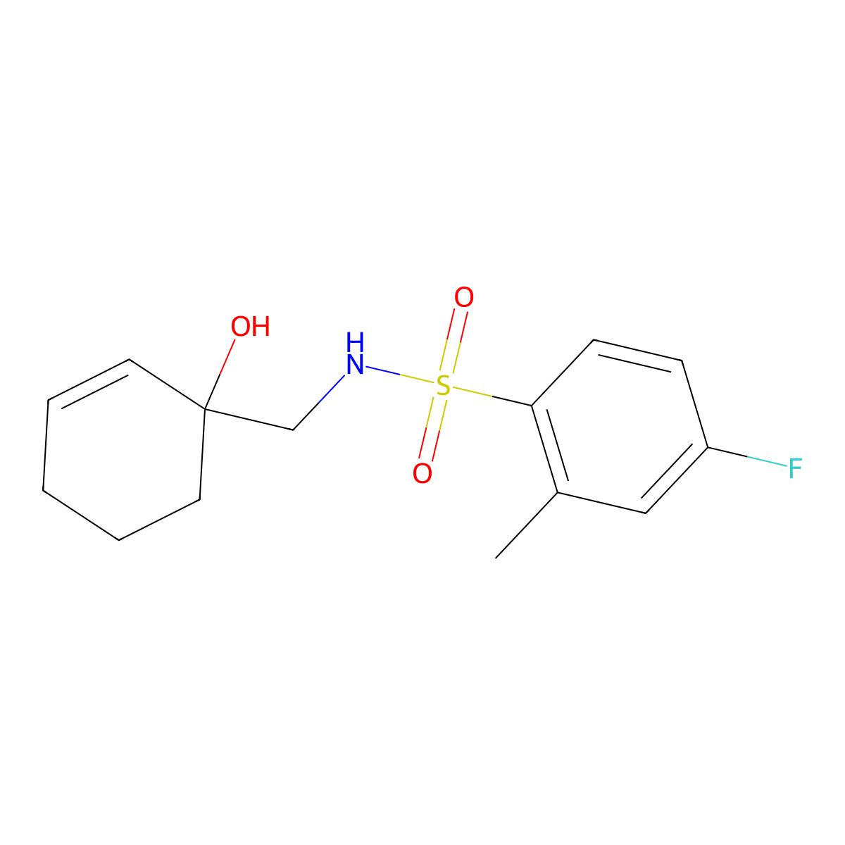 4-fluoro-N-[(1-hydroxycyclohex-2-en-1-yl)methyl]-2-methylbenzene-1-sulfonamide molecular structure, CAS 2097866-92-5