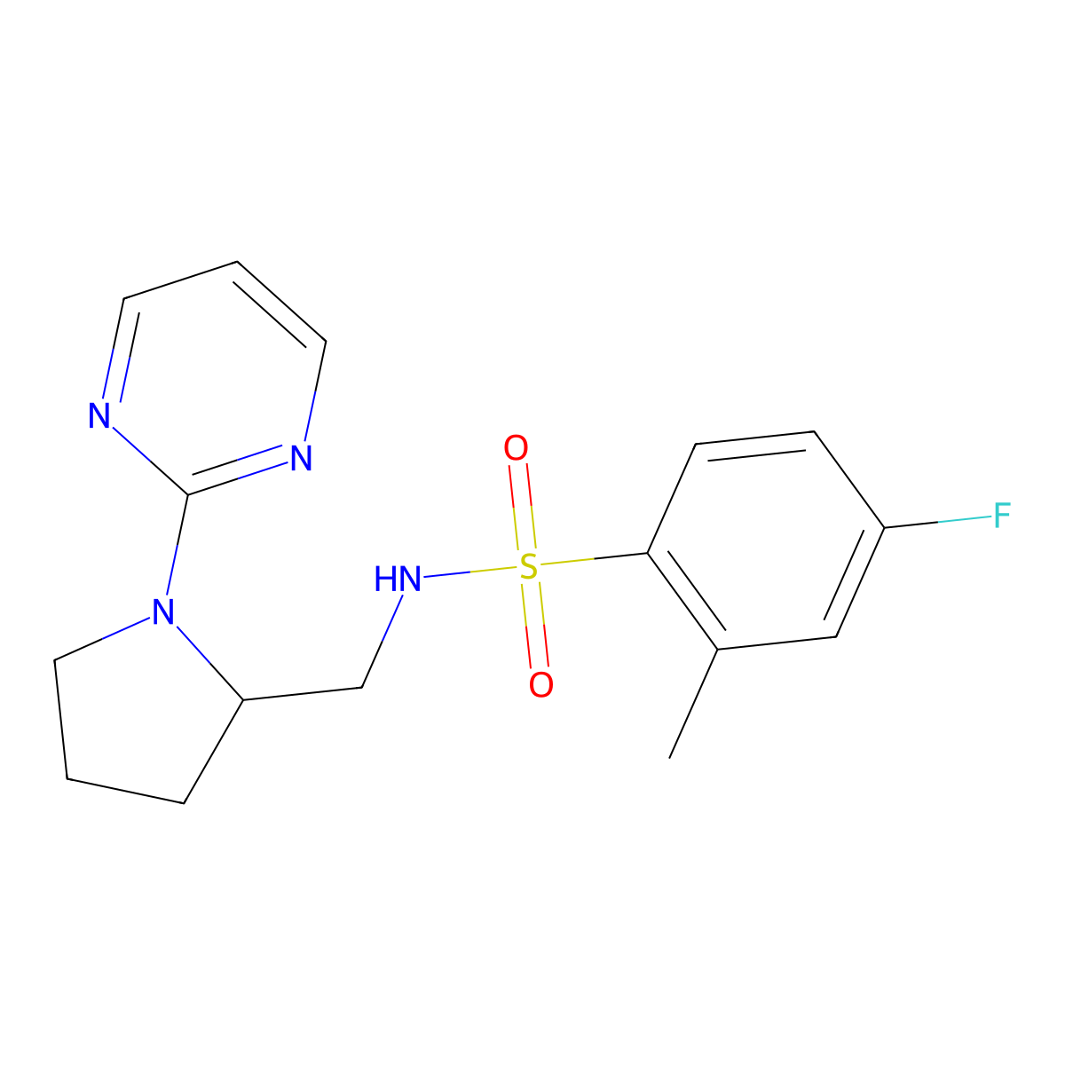 4-fluoro-2-methyl-N-{[1-(pyrimidin-2-yl)pyrrolidin-2-yl]methyl}benzene-1-sulfonamide molecular structure, CAS 2097866-93-6