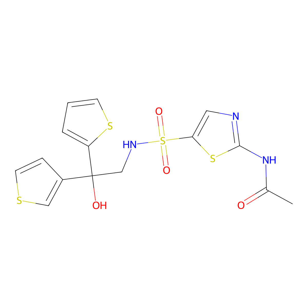 N-(5-(N-(2-hydroxy-2-(thiophen-2-yl)-2-(thiophen-3-yl)ethyl)sulfamoyl)thiazol-2-yl)acetamide molecular structure, CAS 2097866-94-7