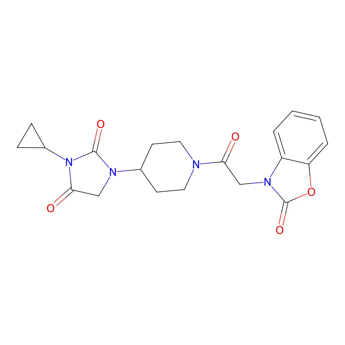 3-Cyclopropyl-1-{1-[2-(2-oxo-2,3-dihydro-1,3-benzoxazol-3-yl)acetyl]piperidin-4-yl}imidazolidine-2,4-dione molecular structure, CAS 2097866-95-8