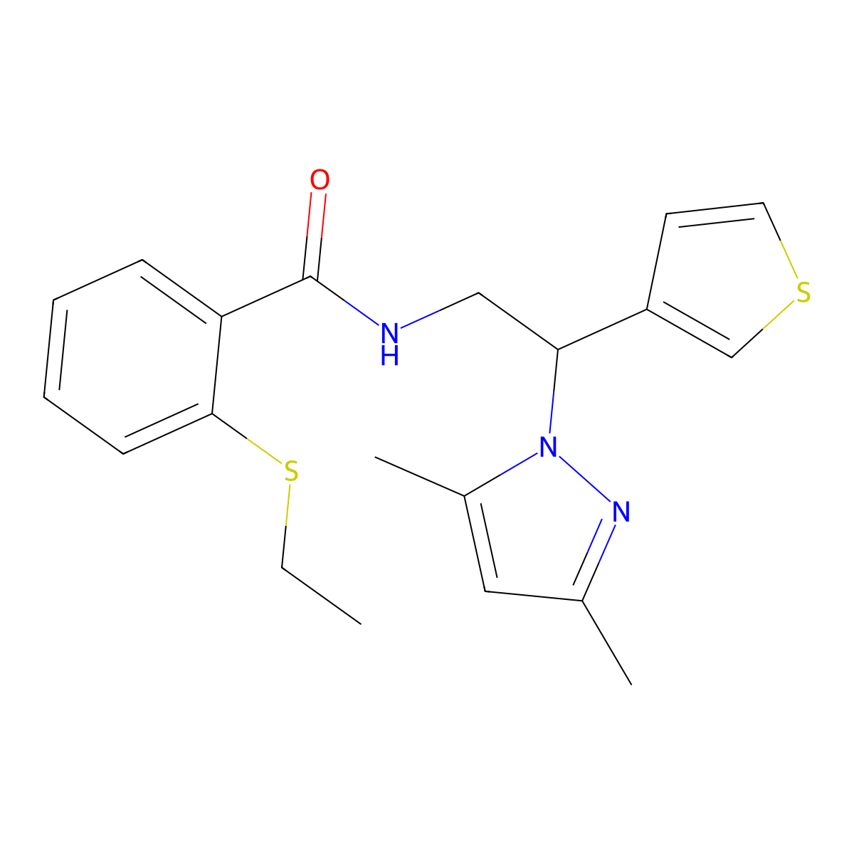N-[2-(3,5-dimethyl-1H-pyrazol-1-yl)-2-(thiophen-3-yl)ethyl]-2-(ethylsulfanyl)benzamide molecular structure, CAS 2097867-02-0
