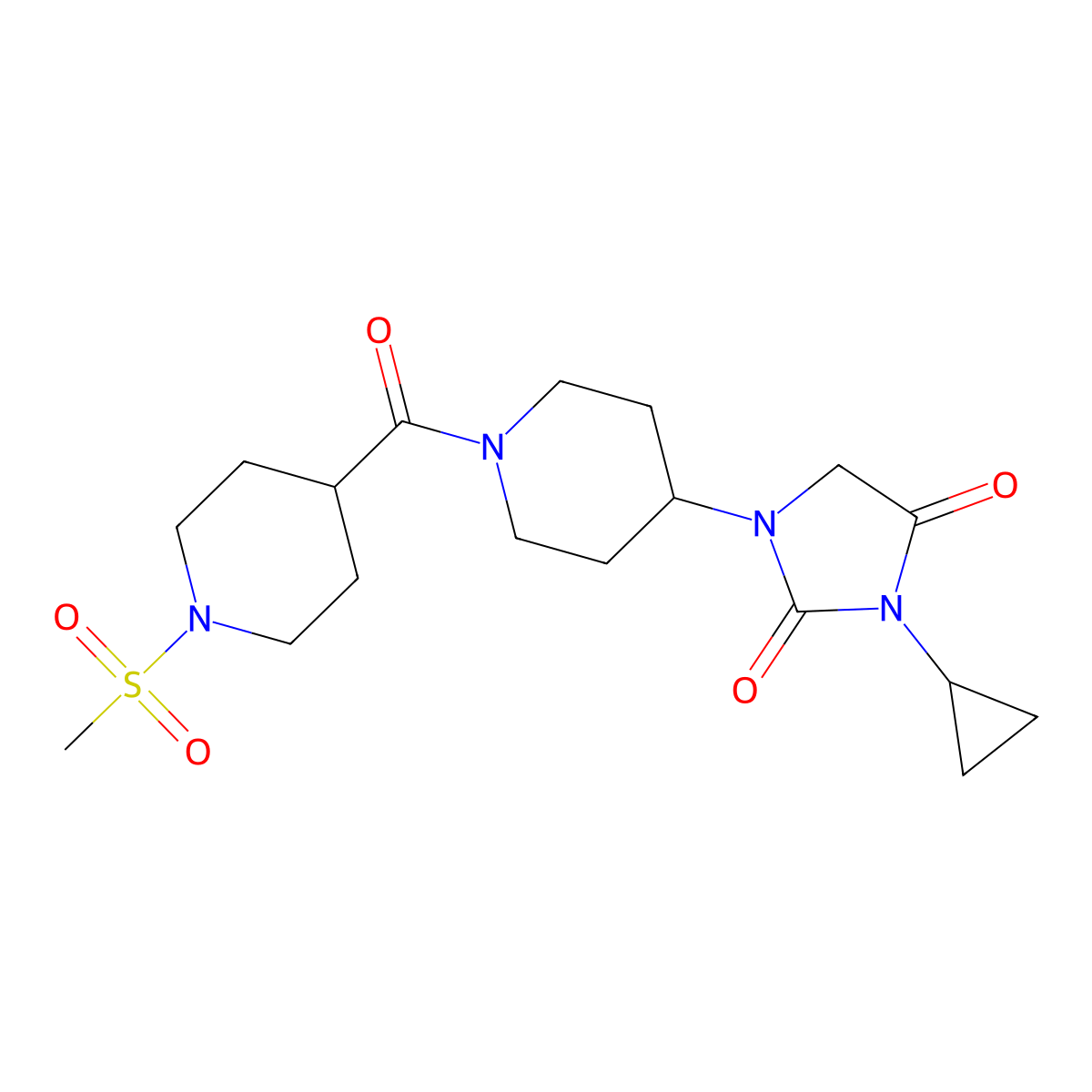 3-Cyclopropyl-1-[1-(1-methanesulfonylpiperidine-4-carbonyl)piperidin-4-yl]imidazolidine-2,4-dione molecular structure, CAS 2097867-07-5