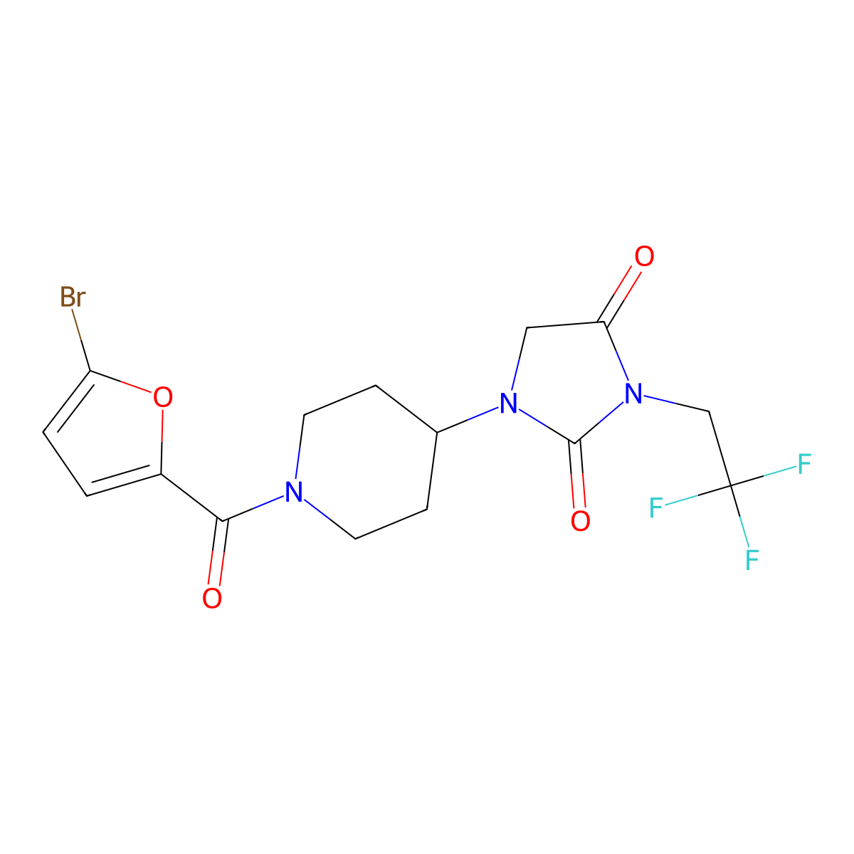1-[1-(5-Bromofuran-2-carbonyl)piperidin-4-yl]-3-(2,2,2-trifluoroethyl)imidazolidine-2,4-dione molecular structure, CAS 2097867-19-9