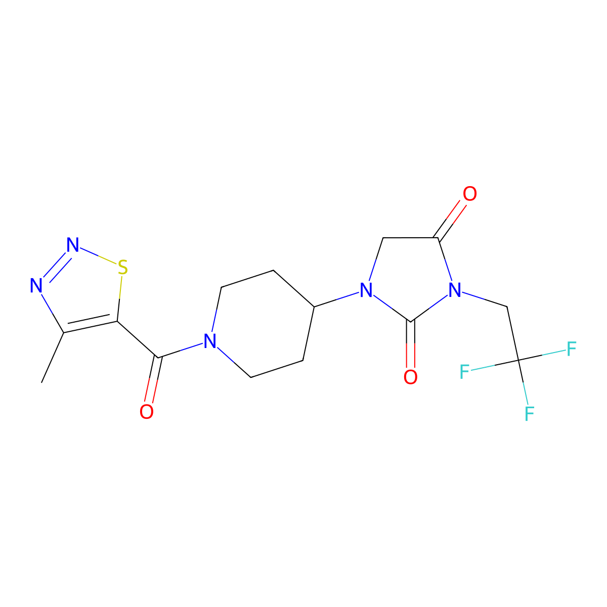 1-[1-(4-Methyl-1,2,3-thiadiazole-5-carbonyl)piperidin-4-yl]-3-(2,2,2-trifluoroethyl)imidazolidine-2,4-dione molecular structure, CAS 2097867-25-7