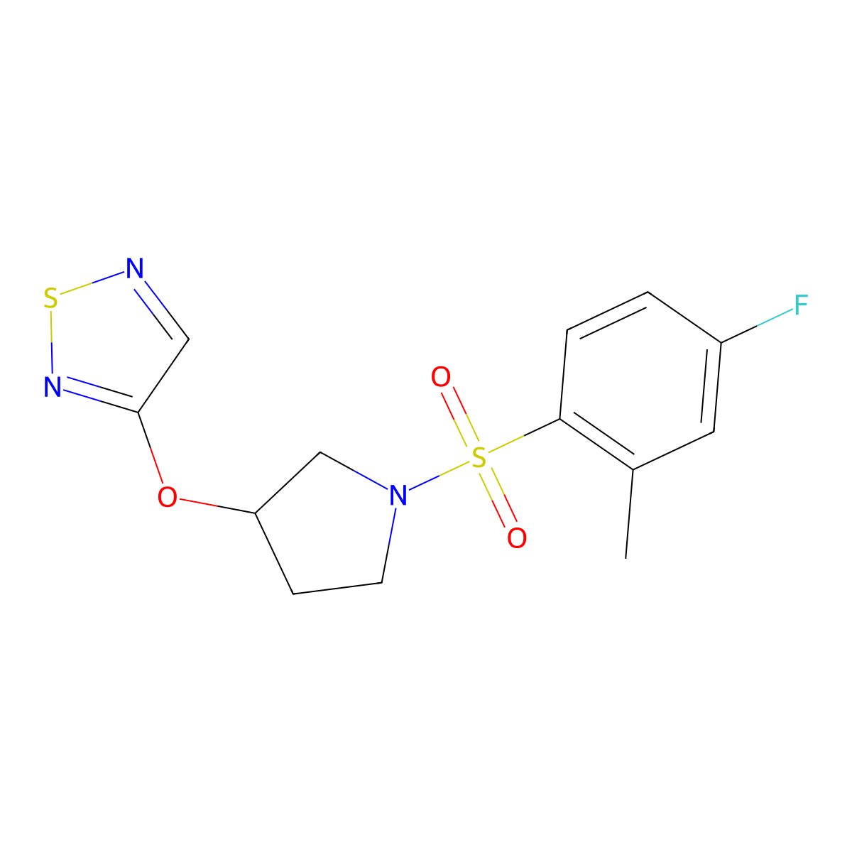 3-((1-((4-Fluoro-2-methylphenyl)sulfonyl)pyrrolidin-3-yl)oxy)-1,2,5-thiadiazole molecular structure, CAS 2097867-27-9