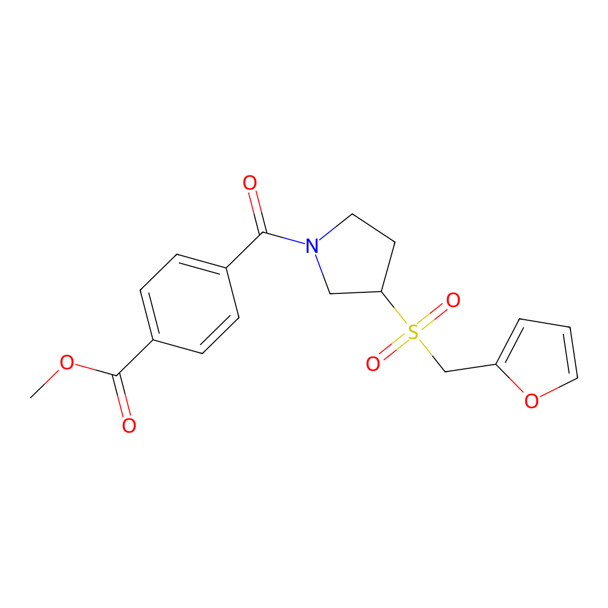 Methyl 4-(3-((furan-2-ylmethyl)sulfonyl)pyrrolidine-1-carbonyl)benzoate molecular structure, CAS 2097867-31-5