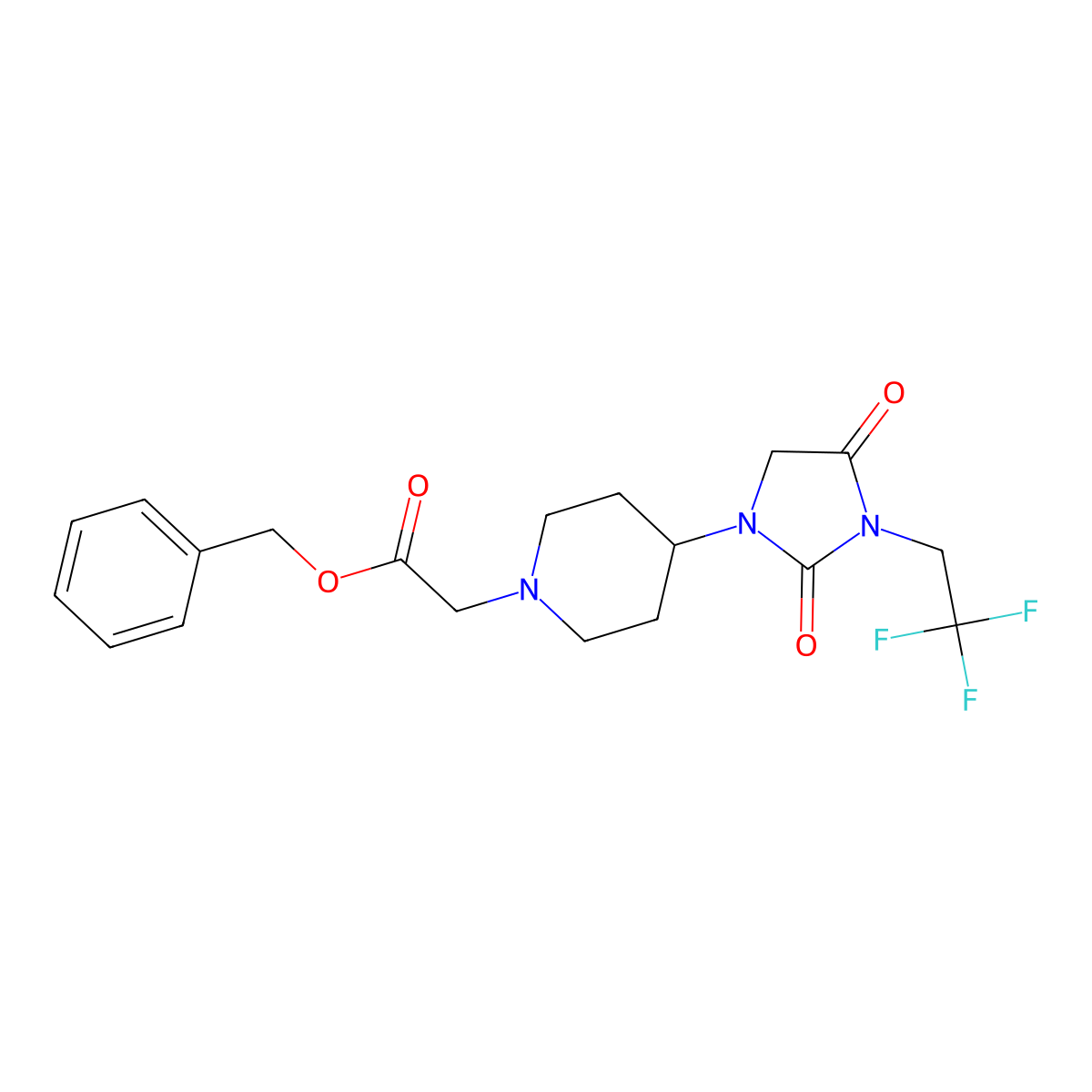 Benzyl 2-{4-[2,4-dioxo-3-(2,2,2-trifluoroethyl)imidazolidin-1-yl]piperidin-1-yl}acetate molecular structure, CAS 2097867-48-4