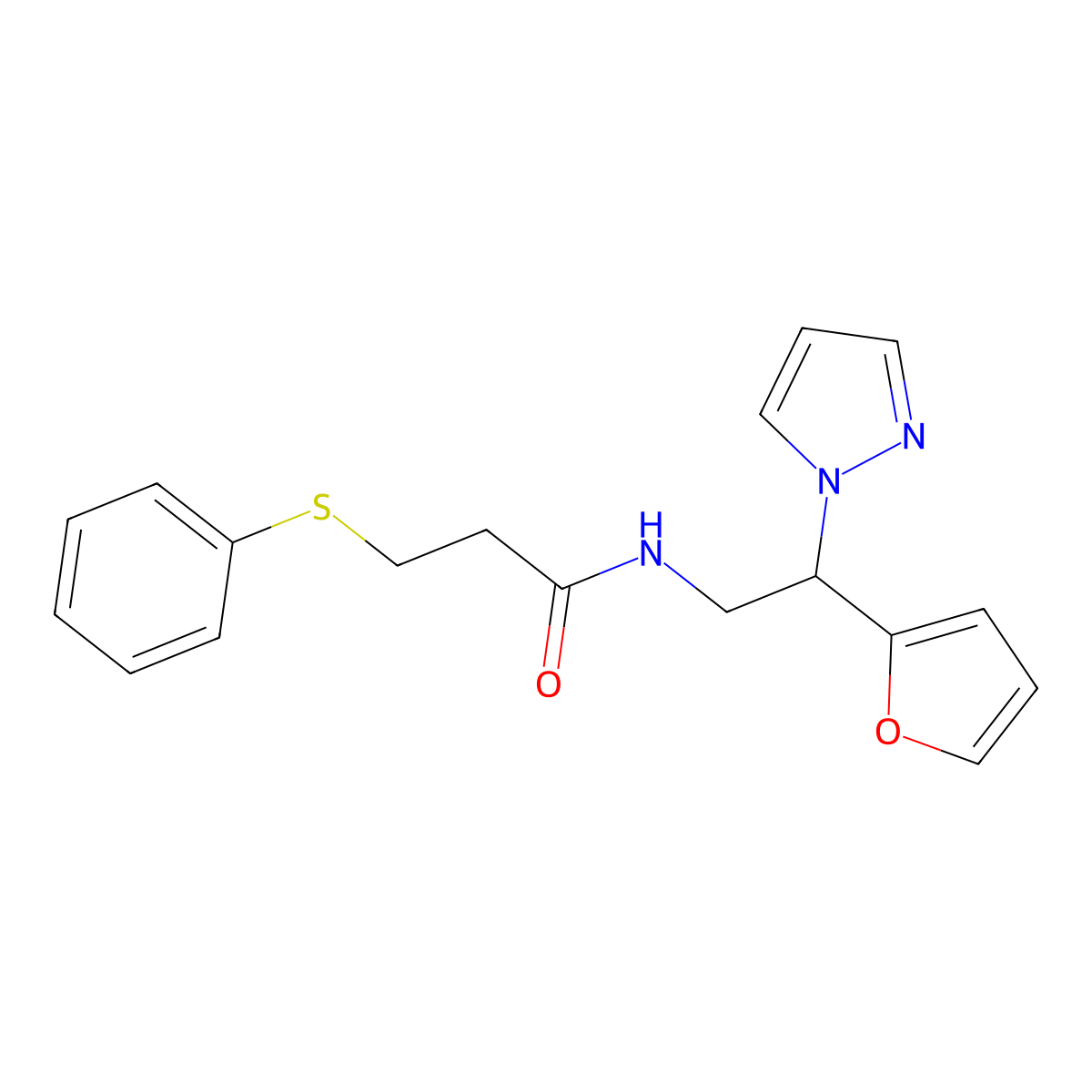 N-(2-(furan-2-yl)-2-(1H-pyrazol-1-yl)ethyl)-3-(phenylthio)propanamide molecular structure, CAS 2097867-56-4