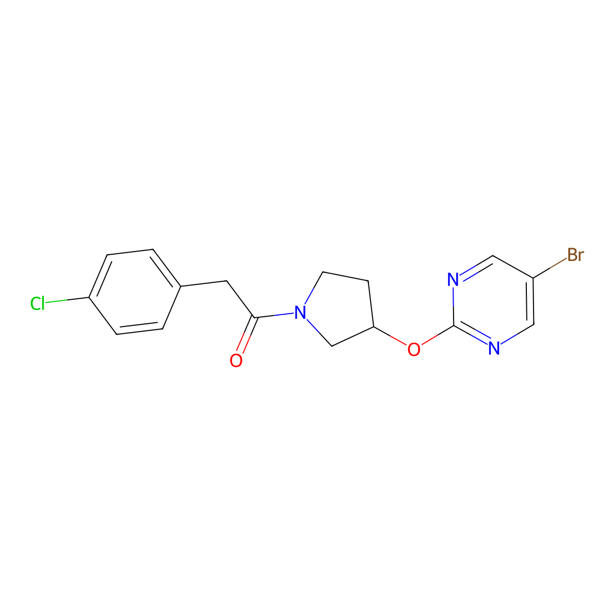 1-{3-[(5-Bromopyrimidin-2-yl)oxy]pyrrolidin-1-yl}-2-(4-chlorophenyl)ethan-1-one molecular structure, CAS 2097867-89-3