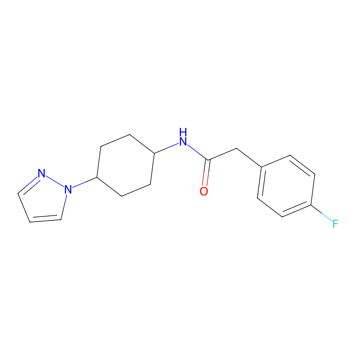2-(4-fluorophenyl)-N-[4-(1H-pyrazol-1-yl)cyclohexyl]acetamide molecular structure, CAS 2097868-00-1