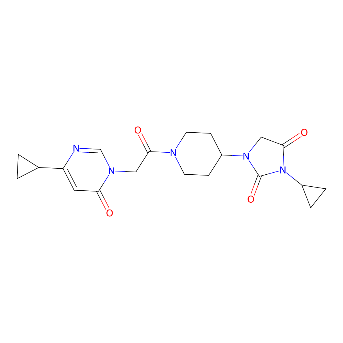 3-Cyclopropyl-1-{1-[2-(4-cyclopropyl-6-oxo-1,6-dihydropyrimidin-1-yl)acetyl]piperidin-4-yl}imidazolidine-2,4-dione molecular structure, CAS 2097868-06-7