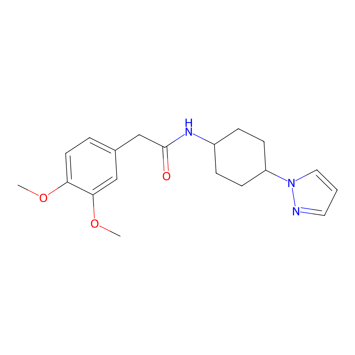 2-(3,4-dimethoxyphenyl)-N-[4-(1H-pyrazol-1-yl)cyclohexyl]acetamide molecular structure, CAS 2097868-08-9