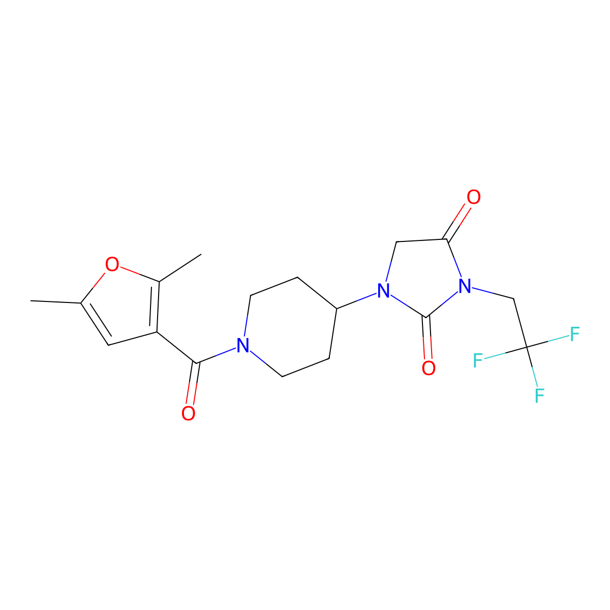 1-[1-(2,5-Dimethylfuran-3-carbonyl)piperidin-4-yl]-3-(2,2,2-trifluoroethyl)imidazolidine-2,4-dione molecular structure, CAS 2097868-14-7