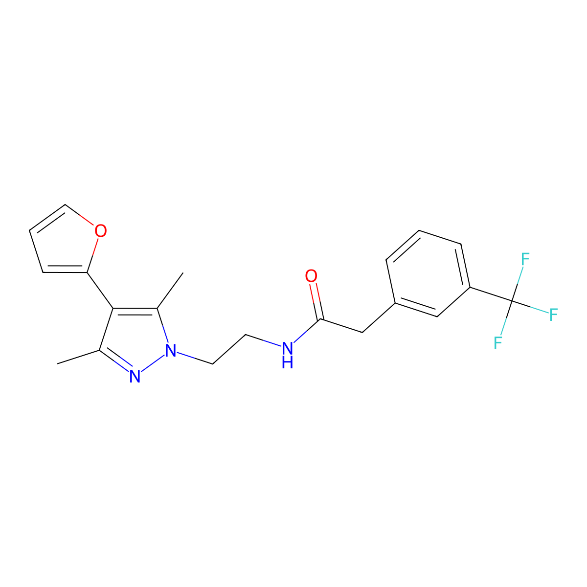 N-{2-[4-(furan-2-yl)-3,5-dimethyl-1H-pyrazol-1-yl]ethyl}-2-[3-(trifluoromethyl)phenyl]acetamide molecular structure, CAS 2097868-18-1