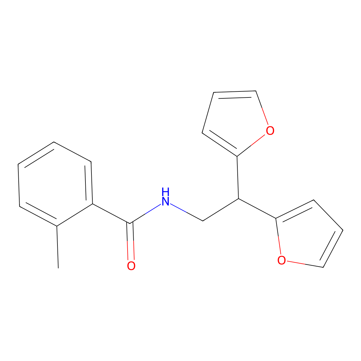 N-[2,2-bis(furan-2-yl)ethyl]-2-methylbenzamide molecular structure, CAS 2097868-19-2