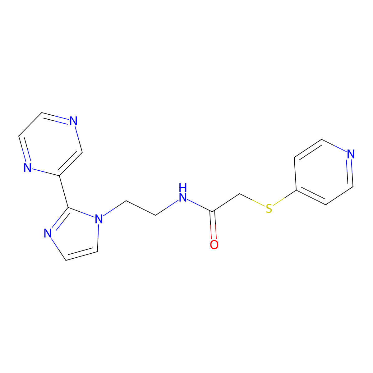 N-{2-[2-(pyrazin-2-yl)-1H-imidazol-1-yl]ethyl}-2-(pyridin-4-ylsulfanyl)acetamide molecular structure, CAS 2097868-34-1