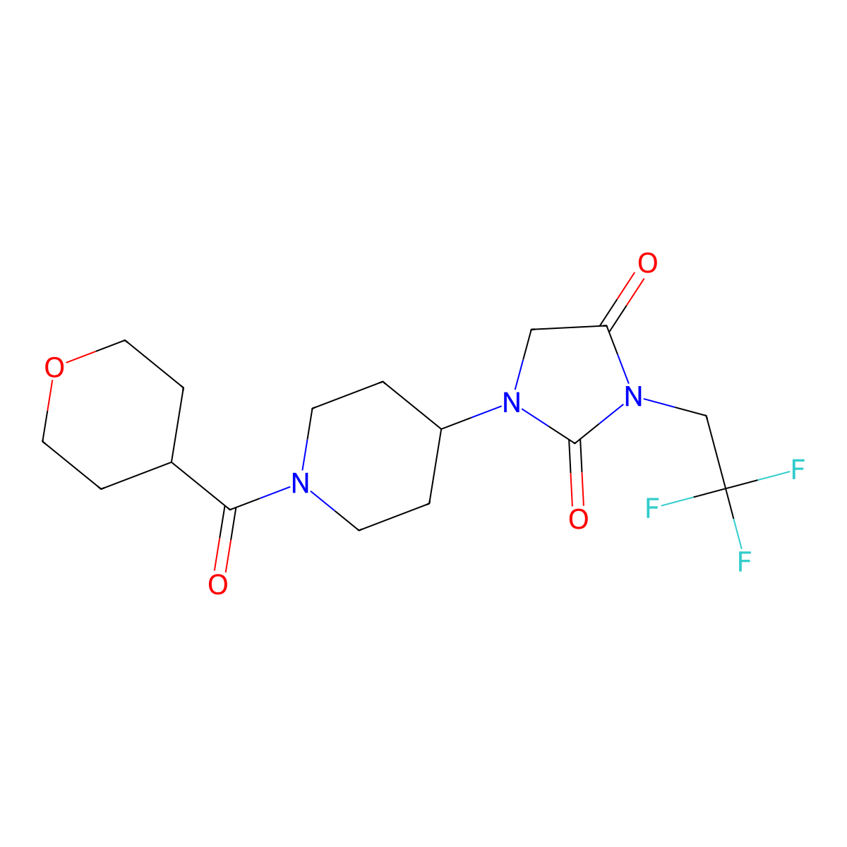 1-[1-(Oxane-4-carbonyl)piperidin-4-yl]-3-(2,2,2-trifluoroethyl)imidazolidine-2,4-dione molecular structure, CAS 2097868-36-3