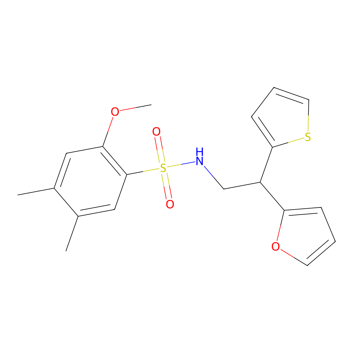 N-[2-(furan-2-yl)-2-(thiophen-2-yl)ethyl]-2-methoxy-4,5-dimethylbenzene-1-sulfonamide molecular structure, CAS 2097868-47-6